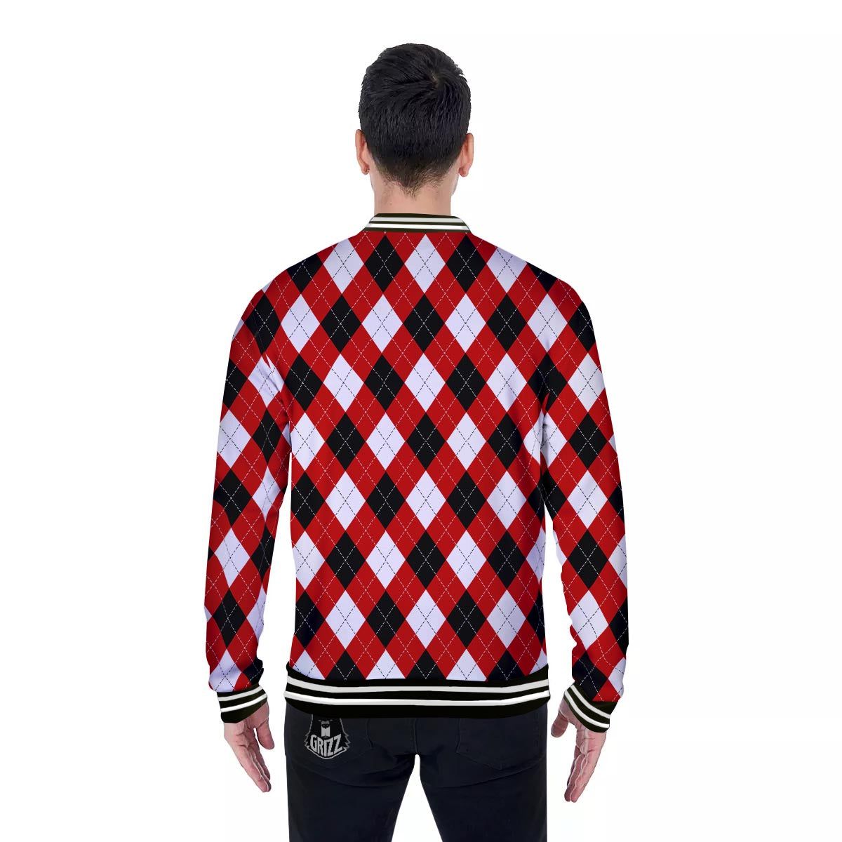 White Argyle And Black Red Print Pattern Baseball Jacket-grizzshop