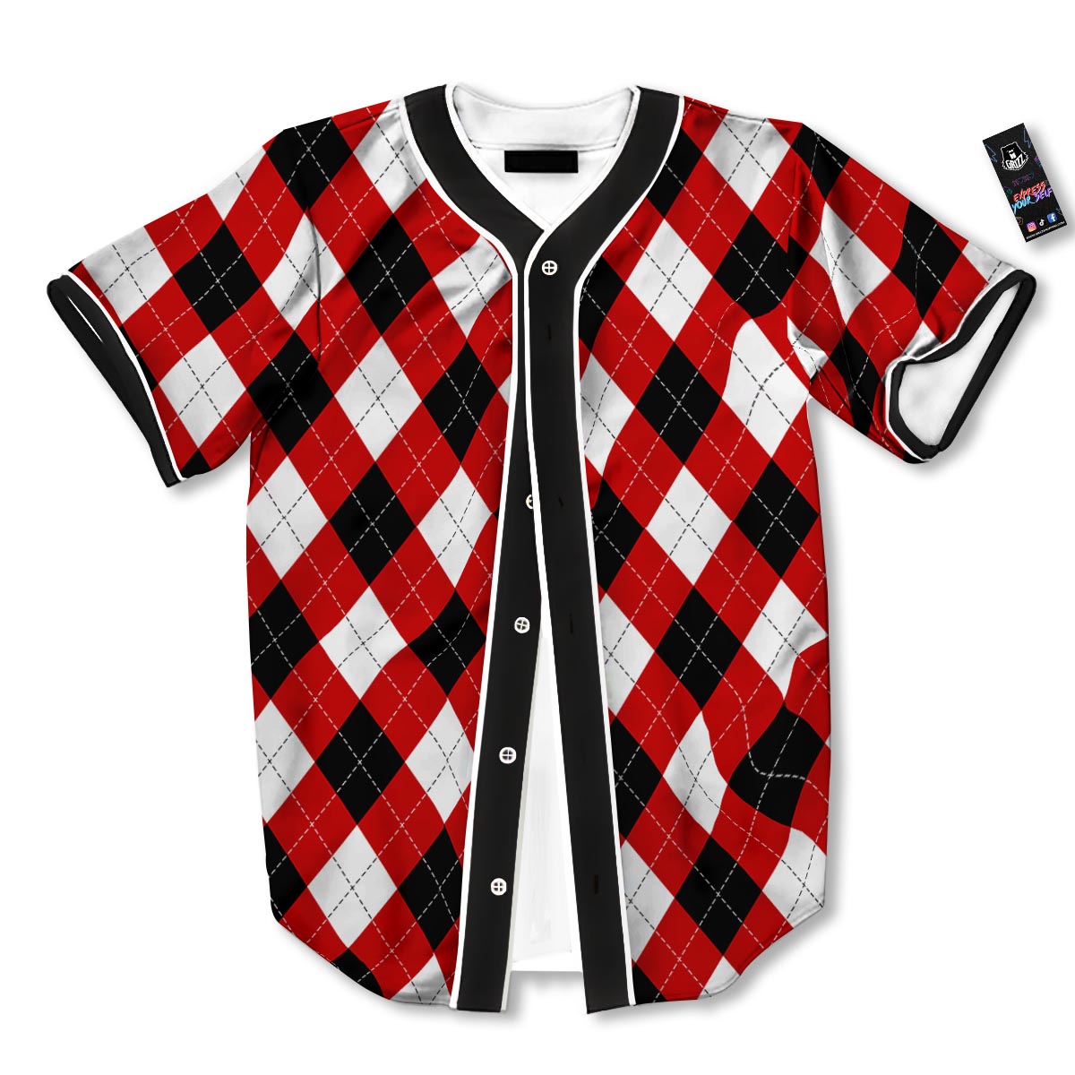 White Argyle And Black Red Print Pattern Baseball Jersey-grizzshop