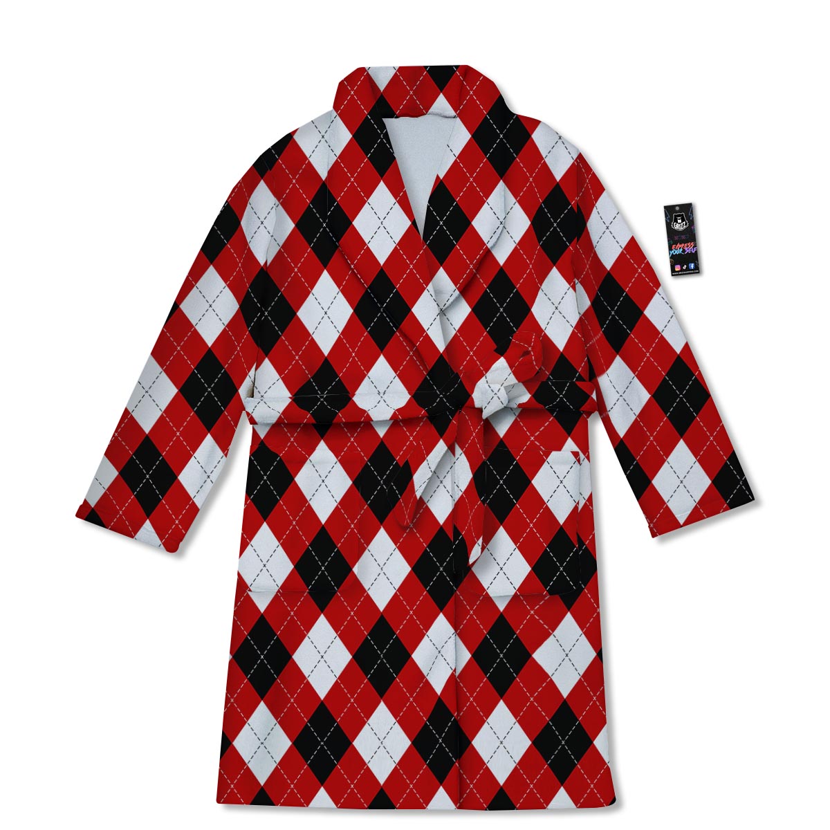 White Argyle And Black Red Print Pattern Bathrobe-grizzshop