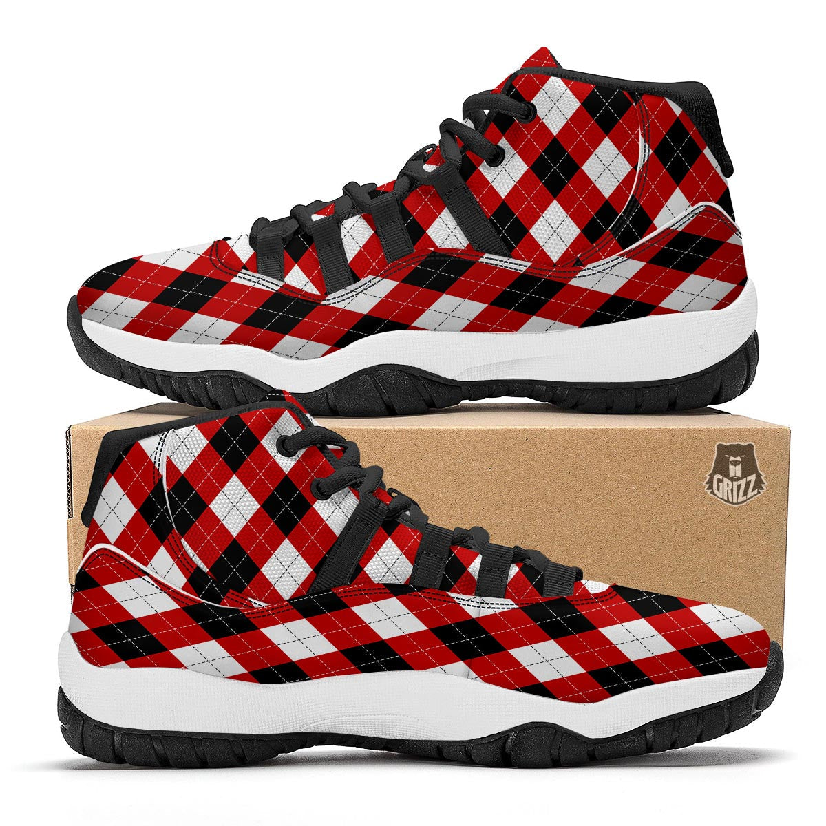 White Argyle And Black Red Print Pattern Black Bball Shoes-grizzshop