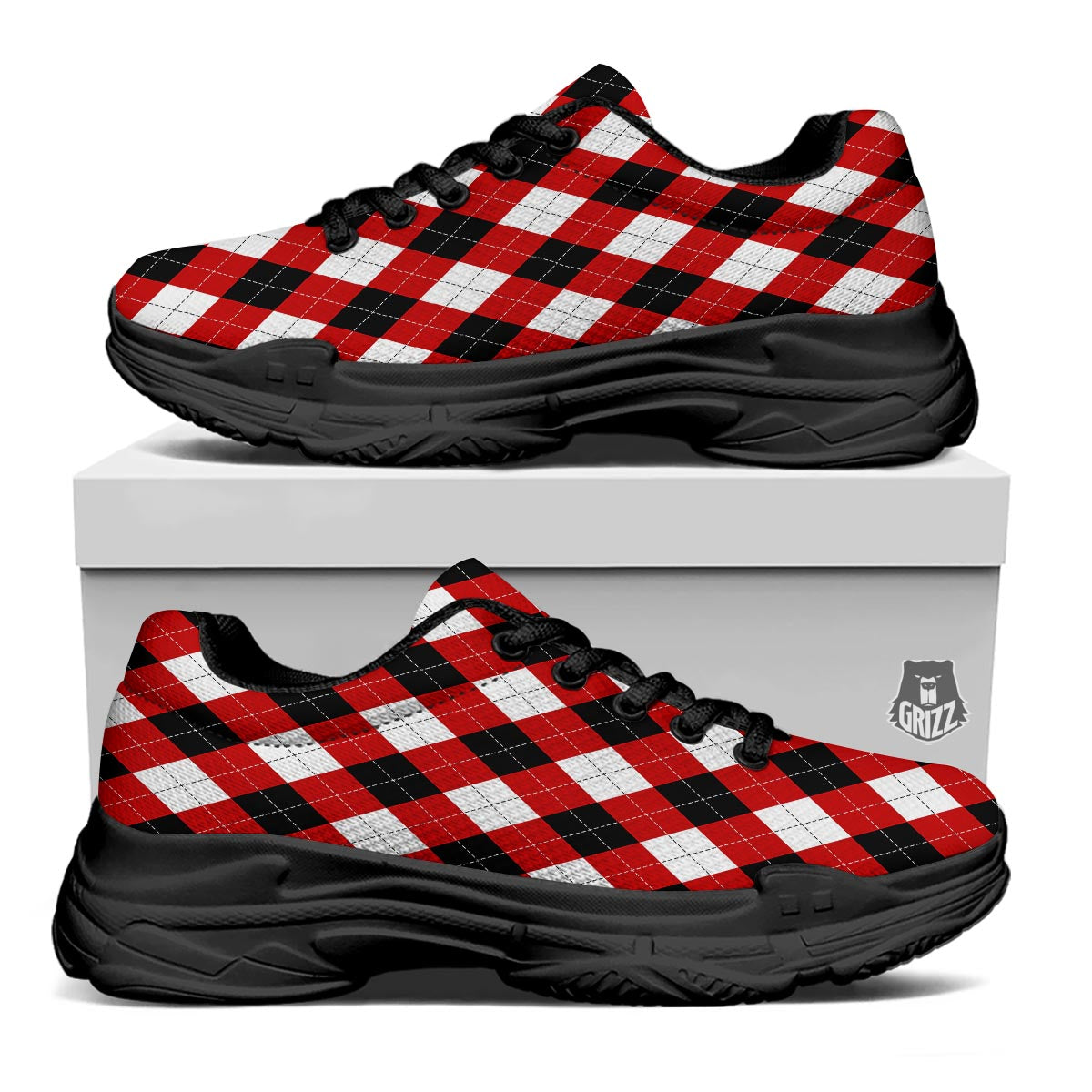 White Argyle And Black Red Print Pattern Black Chunky Shoes-grizzshop