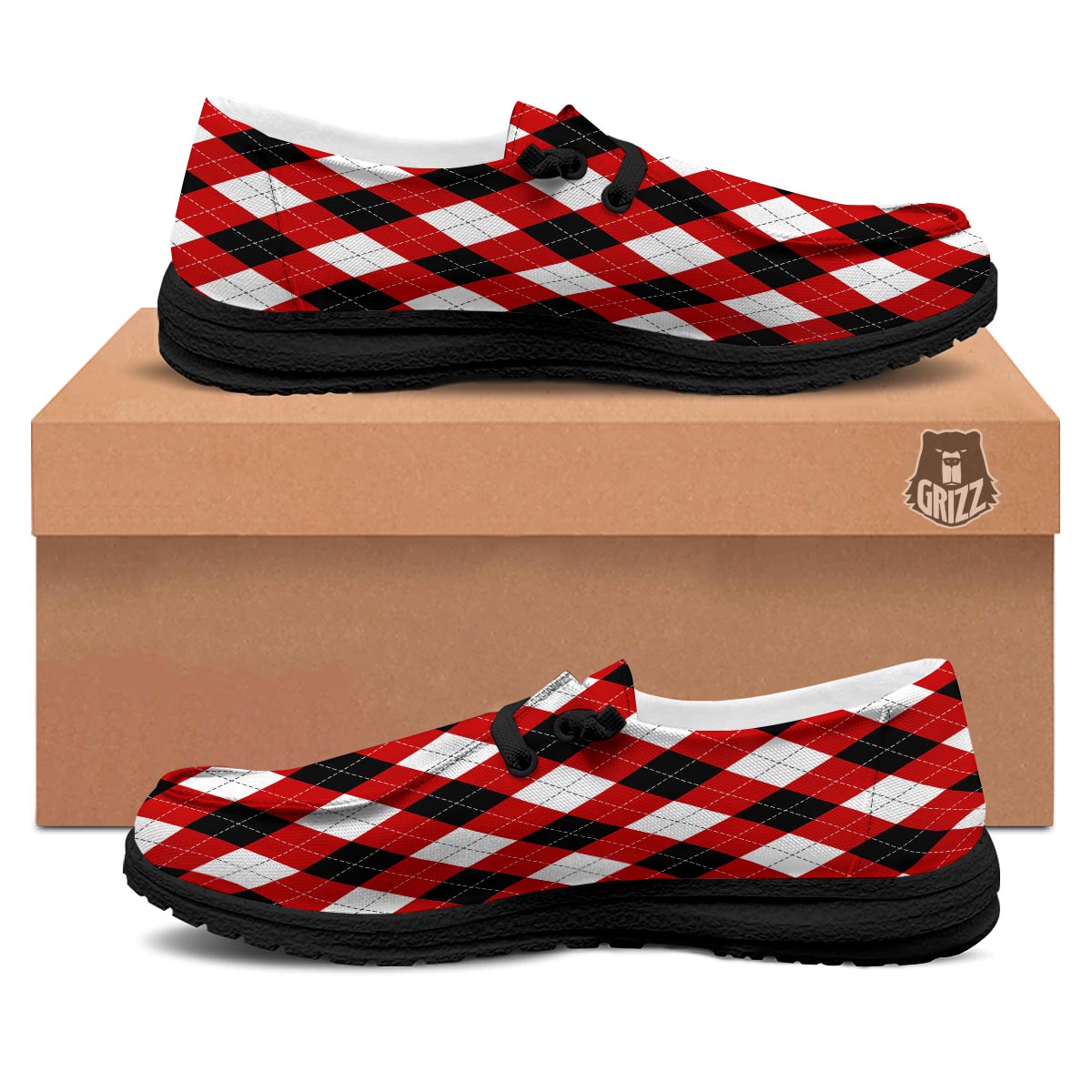White Argyle And Black Red Print Pattern Black Loafers-grizzshop