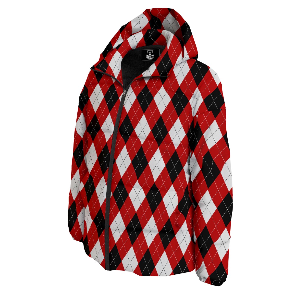 White Argyle And Black Red Print Pattern Down Jacket-grizzshop