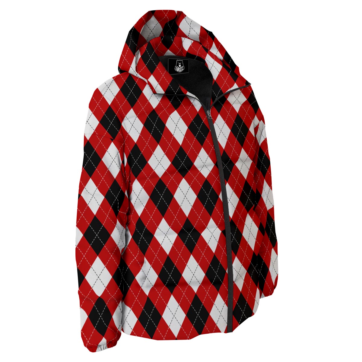 White Argyle And Black Red Print Pattern Down Jacket-grizzshop