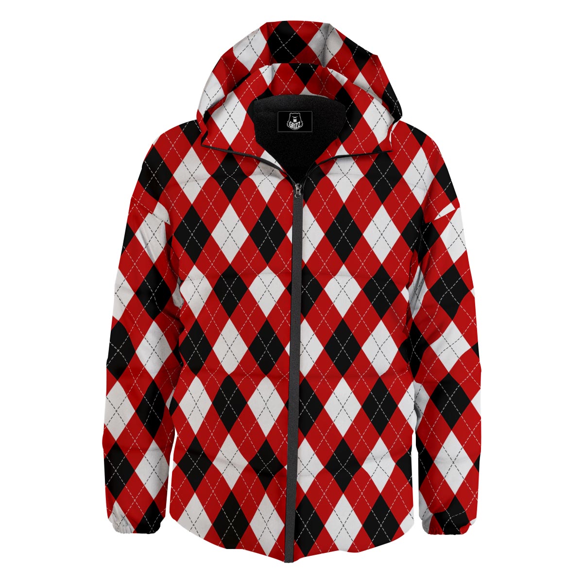White Argyle And Black Red Print Pattern Down Jacket-grizzshop
