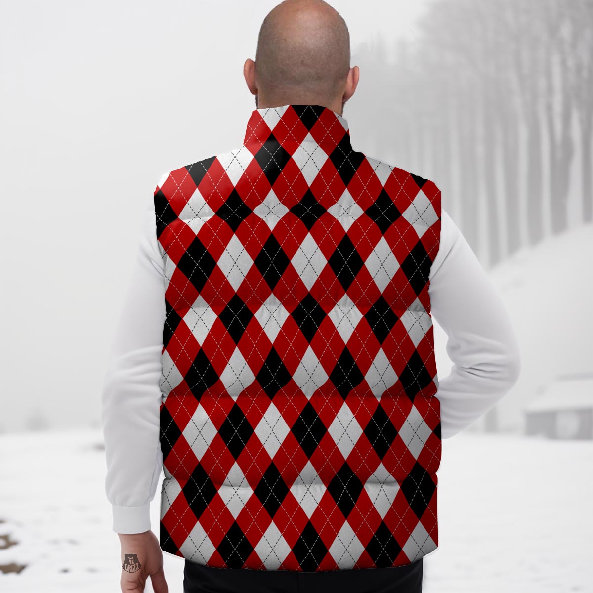 White Argyle And Black Red Print Pattern Down Vest-grizzshop
