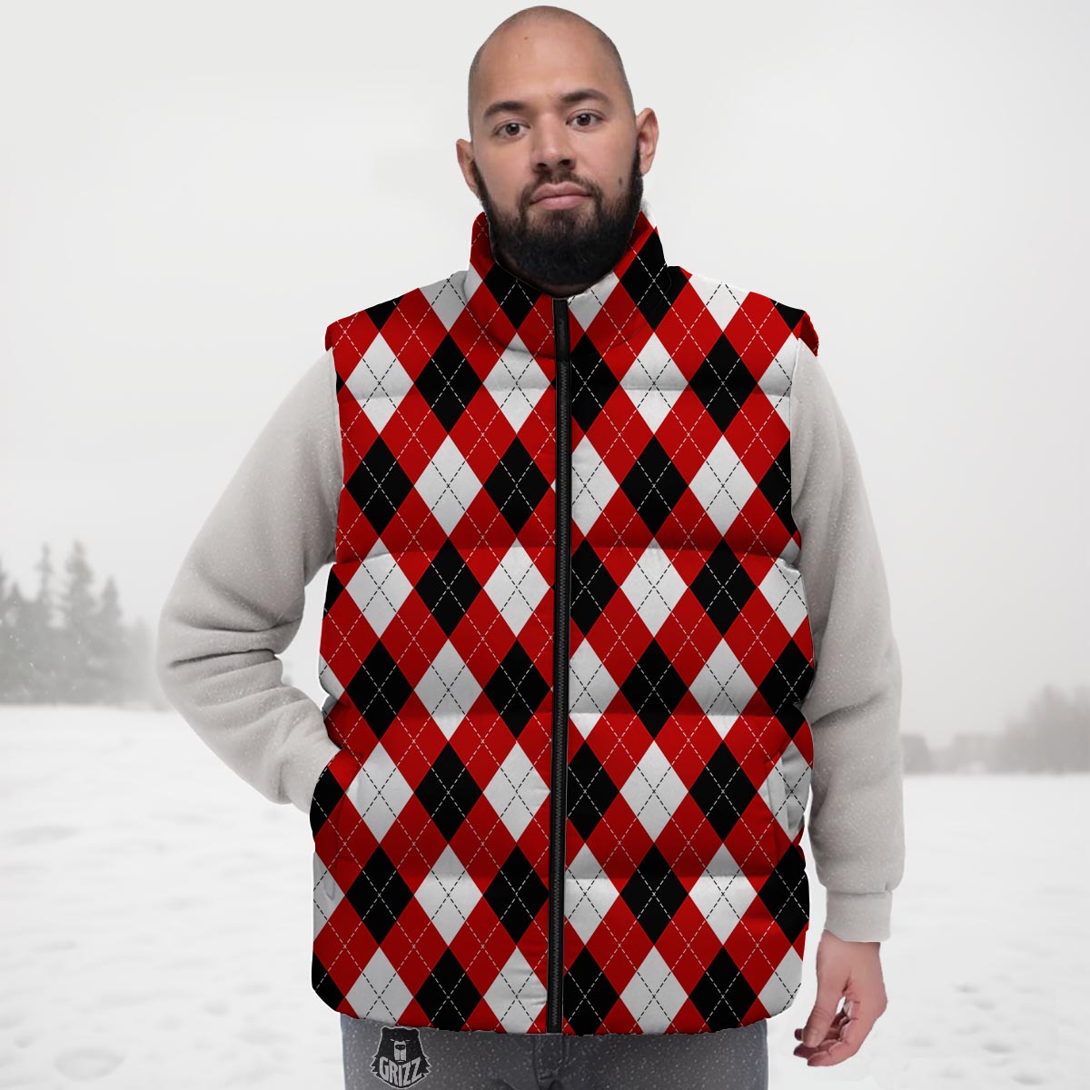 White Argyle And Black Red Print Pattern Down Vest-grizzshop