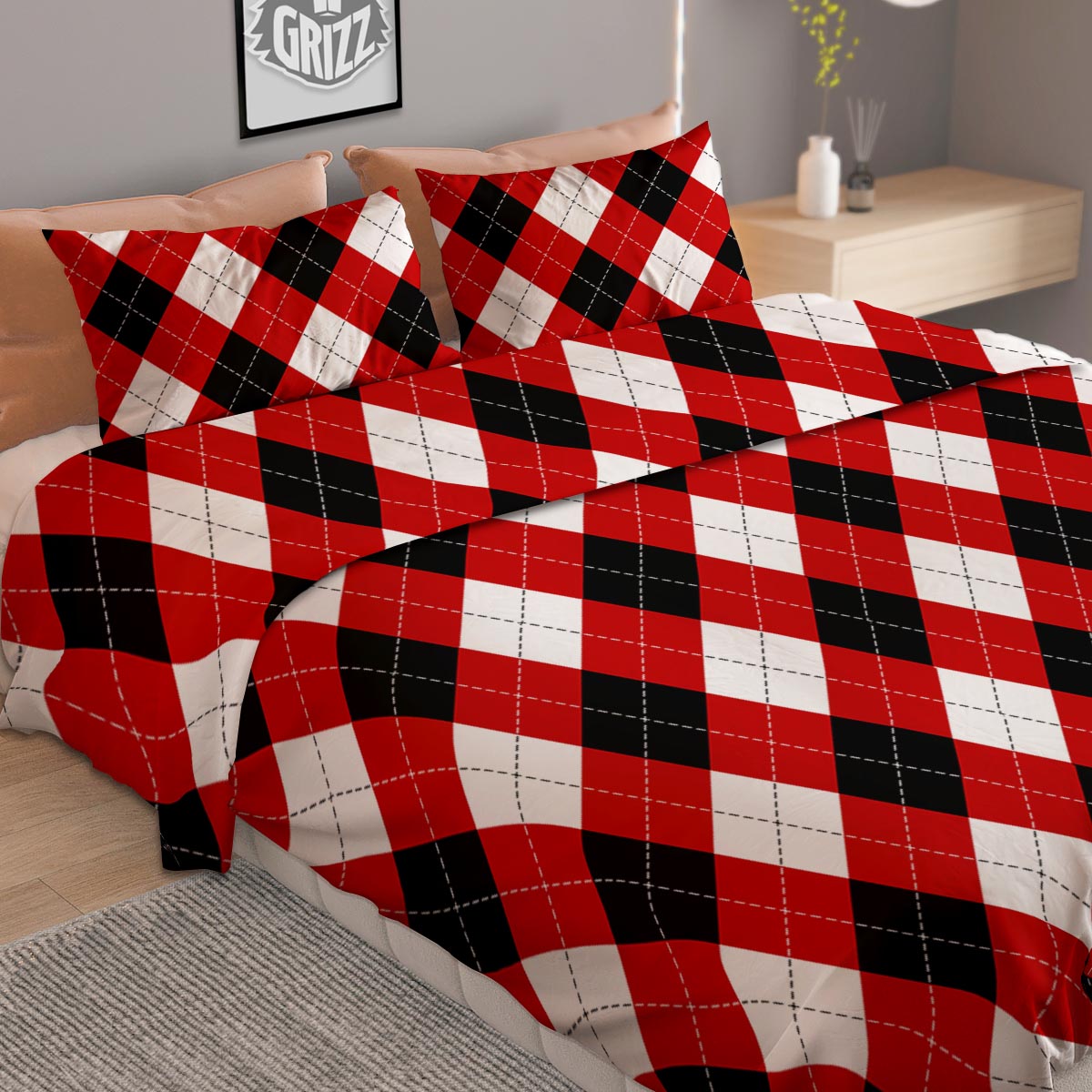 White Argyle And Black Red Print Pattern Duvet Cover Bedding Set