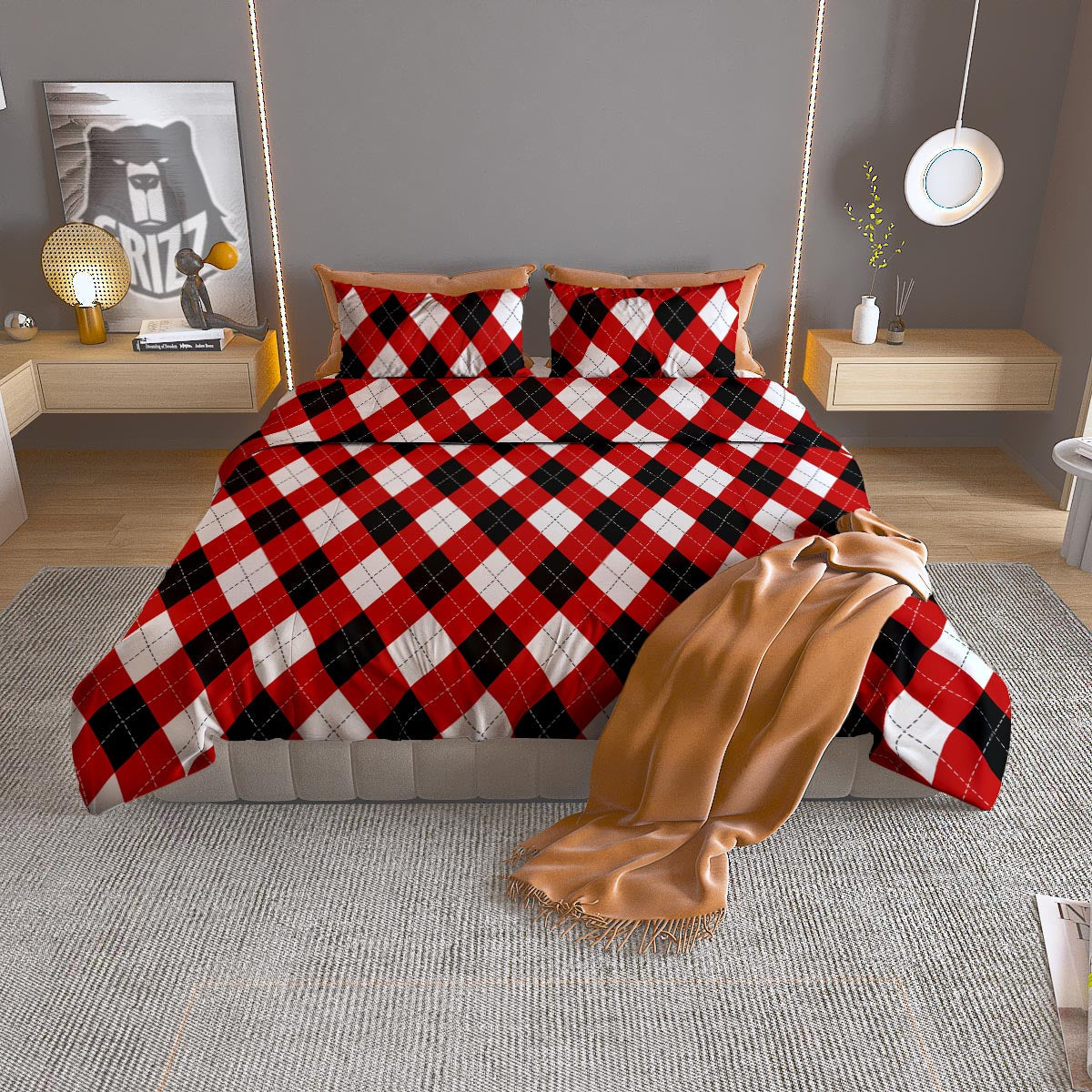 White Argyle And Black Red Print Pattern Duvet Cover Bedding Set