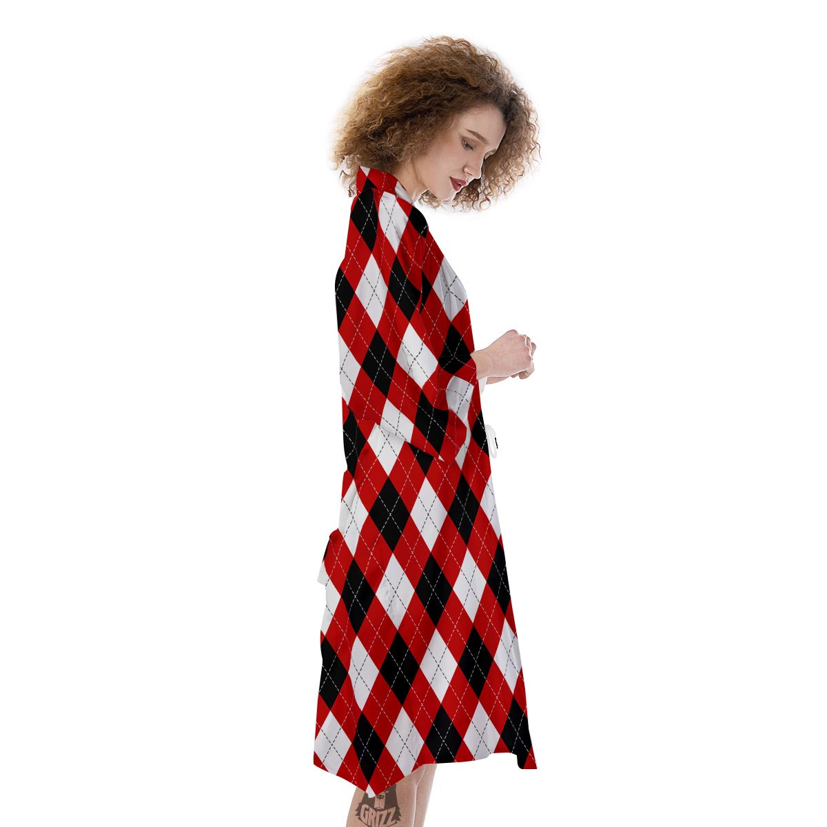 White Argyle And Black Red Print Pattern Kimono-grizzshop