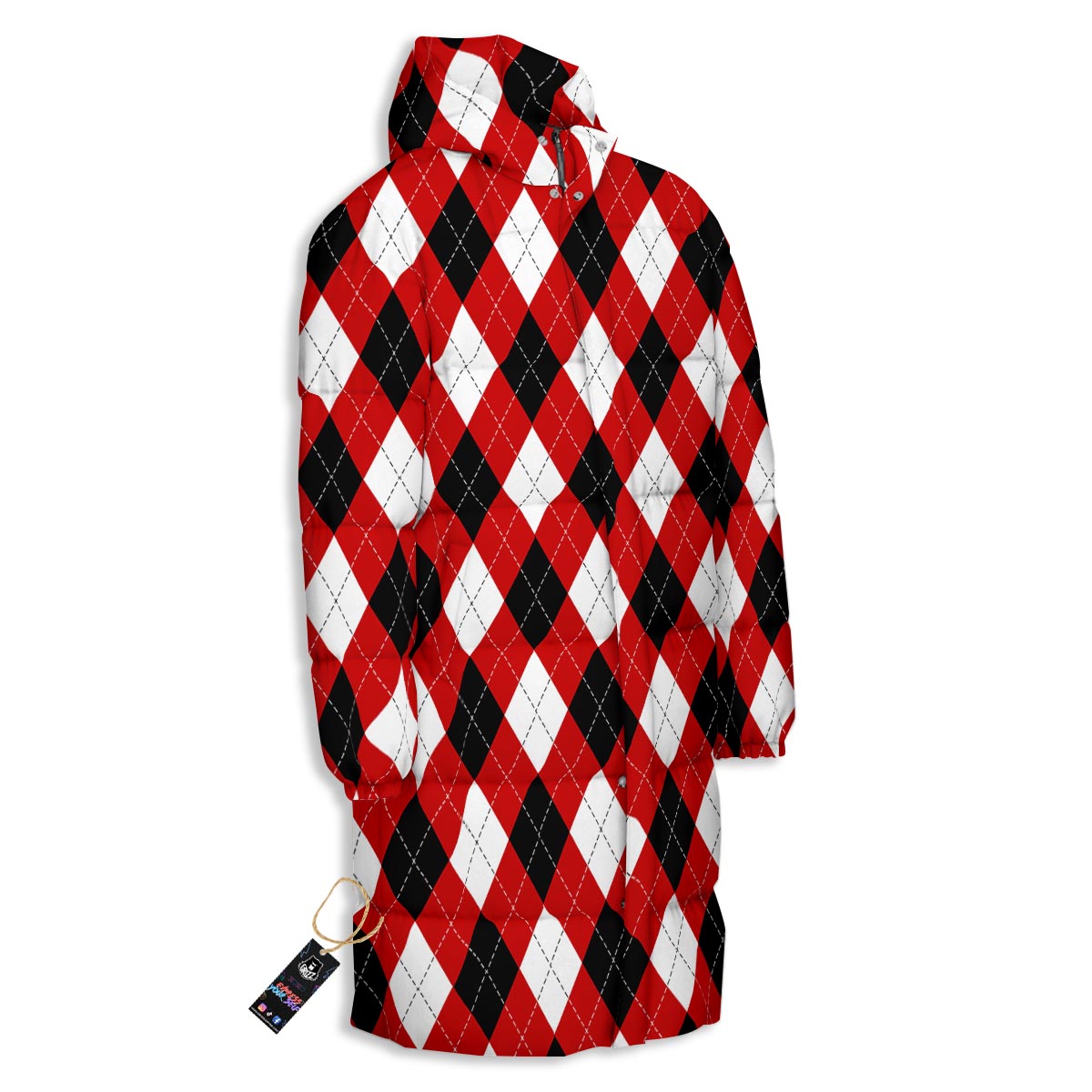 White Argyle And Black Red Print Pattern Long Down Jacket-grizzshop