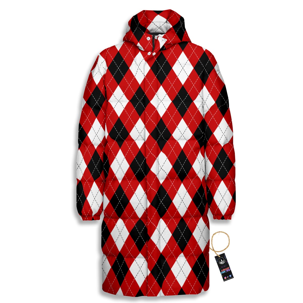 White Argyle And Black Red Print Pattern Long Down Jacket-grizzshop