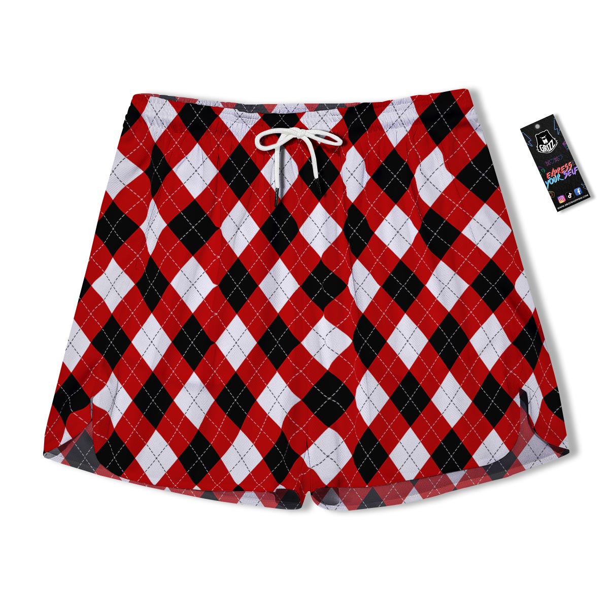 White Argyle And Black Red Print Pattern Men's Running Shorts-grizzshop