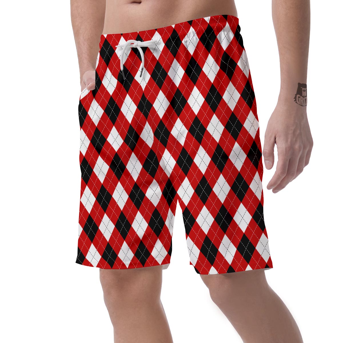 White Argyle And Black Red Print Pattern Men's Shorts-grizzshop