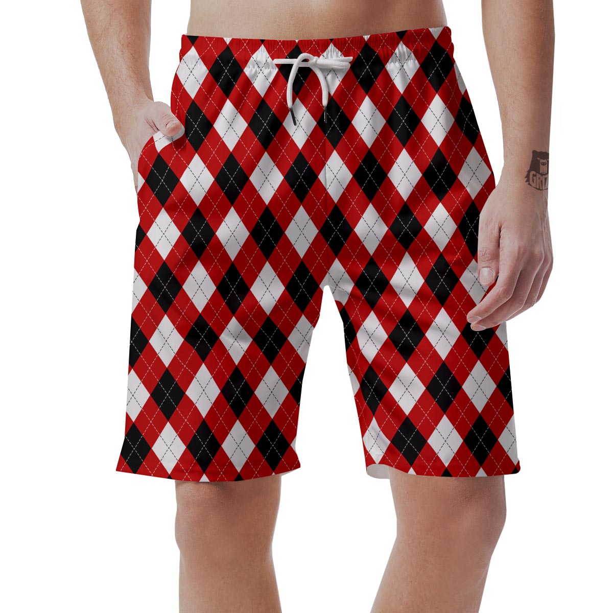 White Argyle And Black Red Print Pattern Men's Shorts-grizzshop