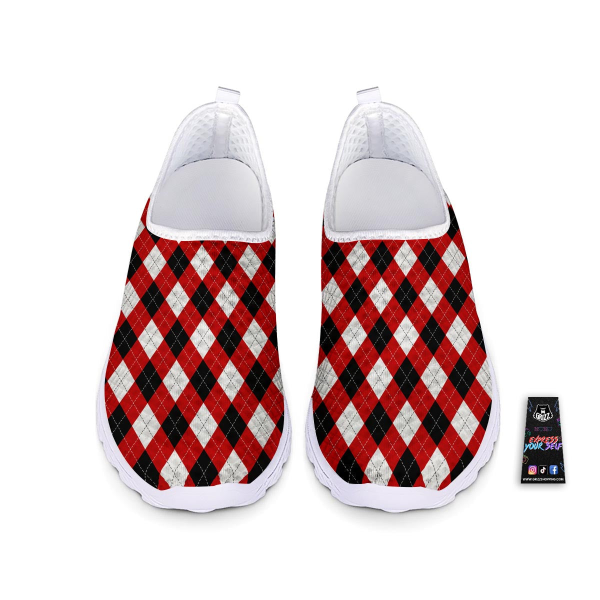 White Argyle And Black Red Print Pattern Nurse Shoes-grizzshop
