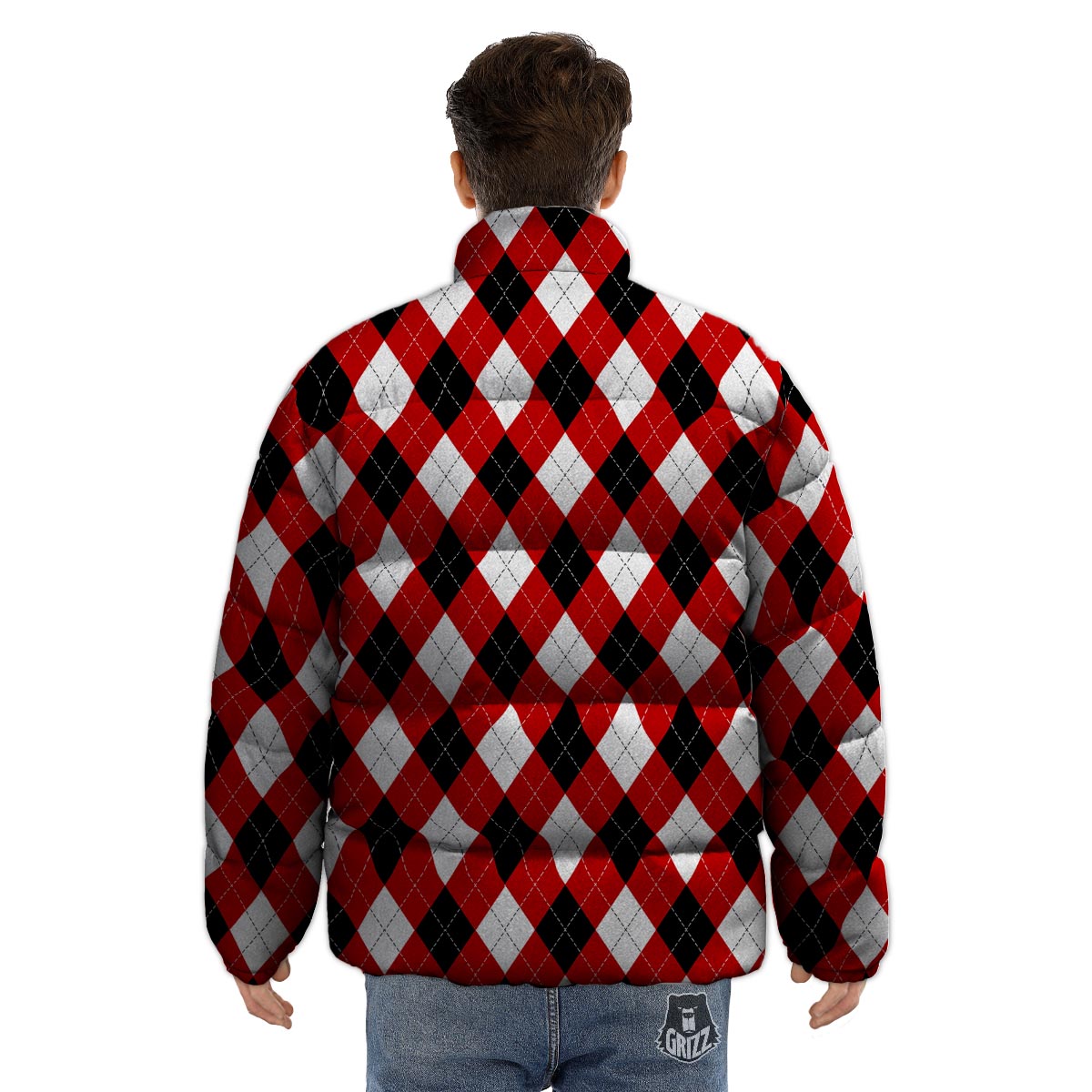 White Argyle And Black Red Print Pattern Puffer Jacket-grizzshop