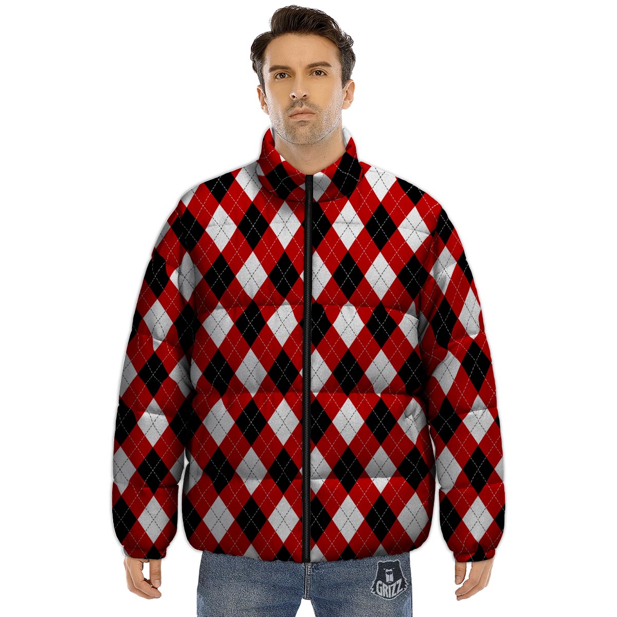 White Argyle And Black Red Print Pattern Puffer Jacket-grizzshop