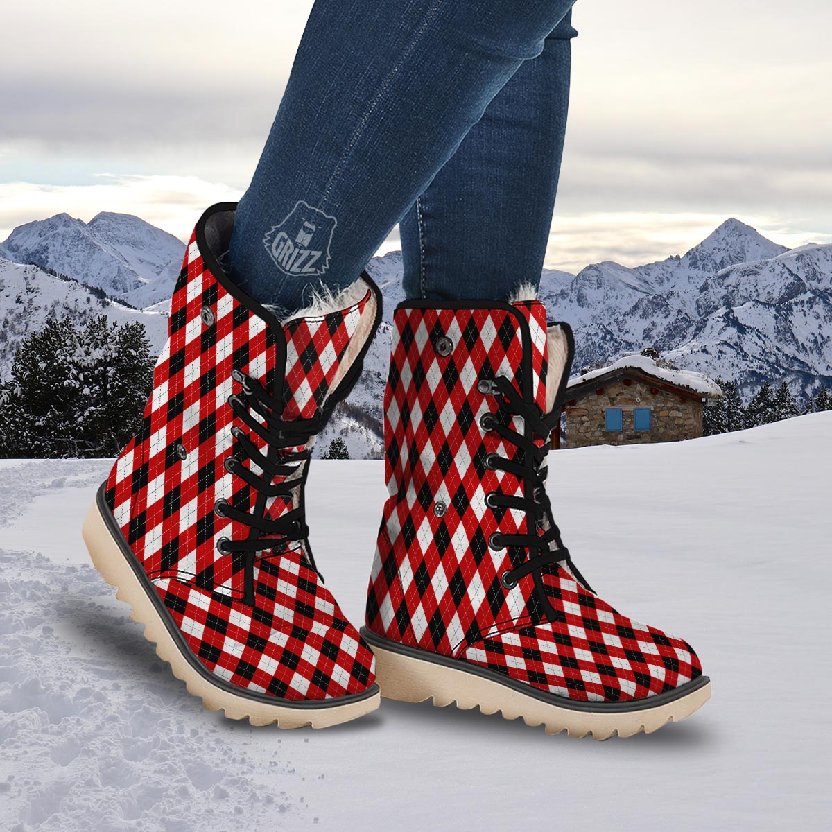 White Argyle And Black Red Print Pattern Snow Boots-grizzshop