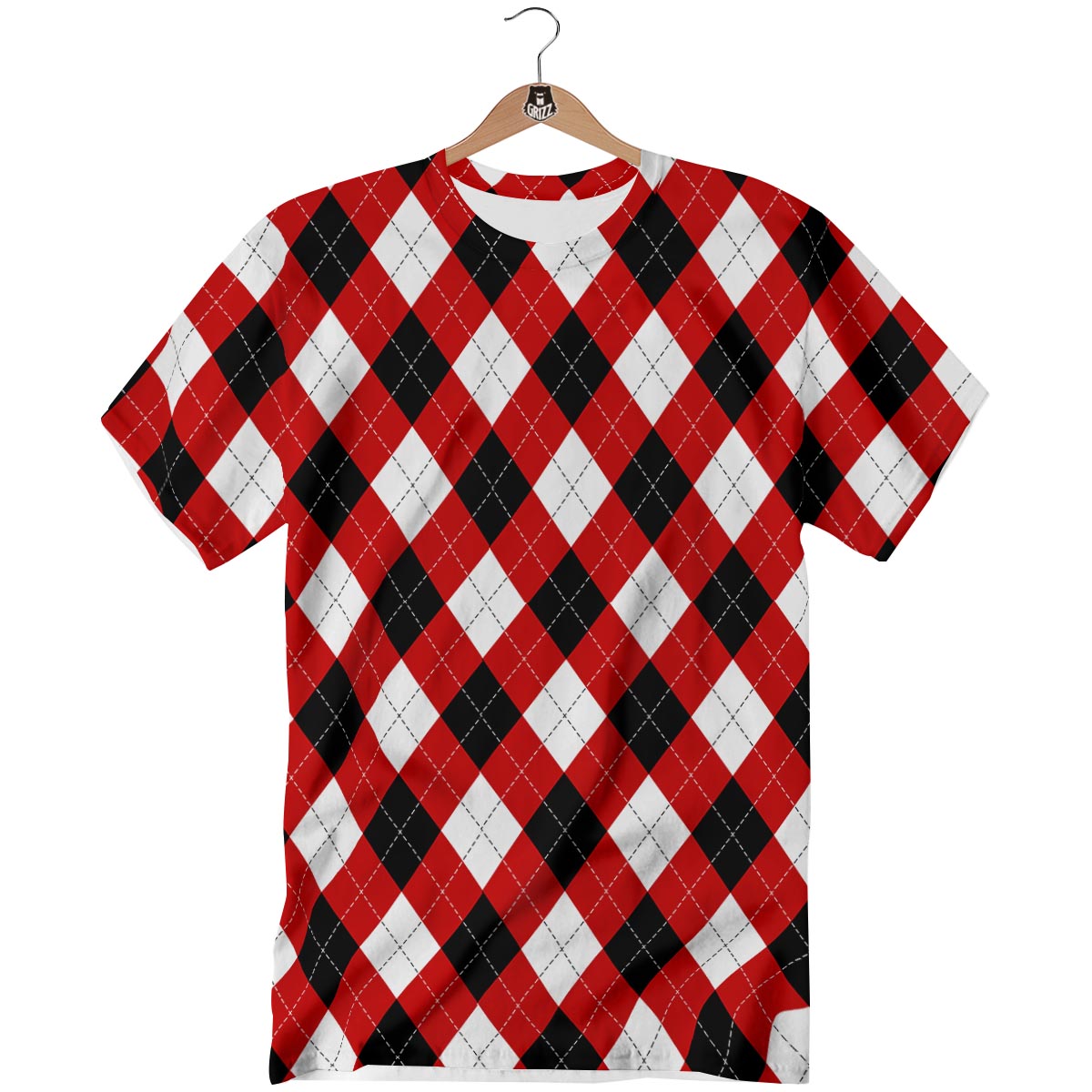 White Argyle And Black Red Print Pattern T-Shirt-grizzshop