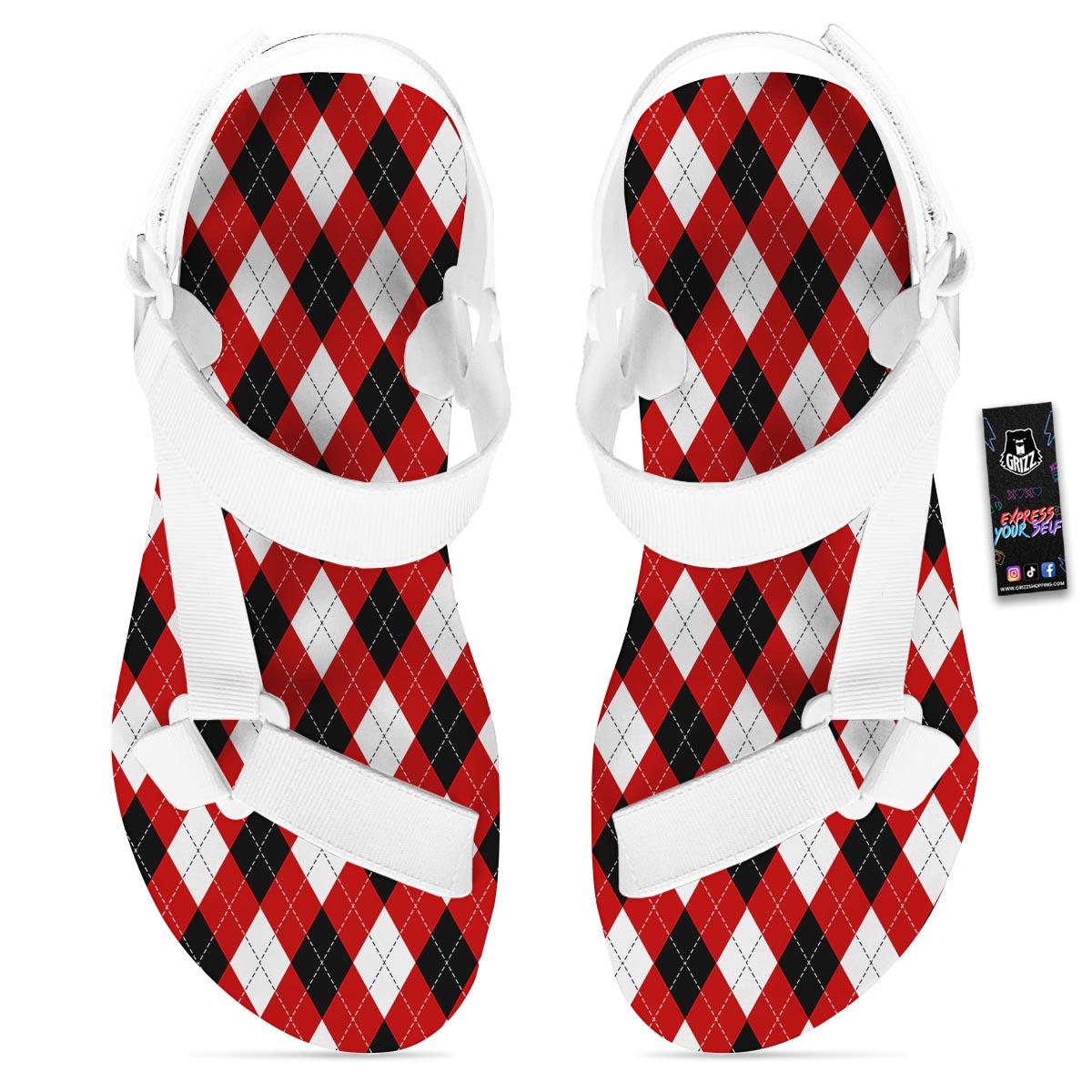White Argyle And Black Red Print Pattern White Open Toe Sandals-grizzshop