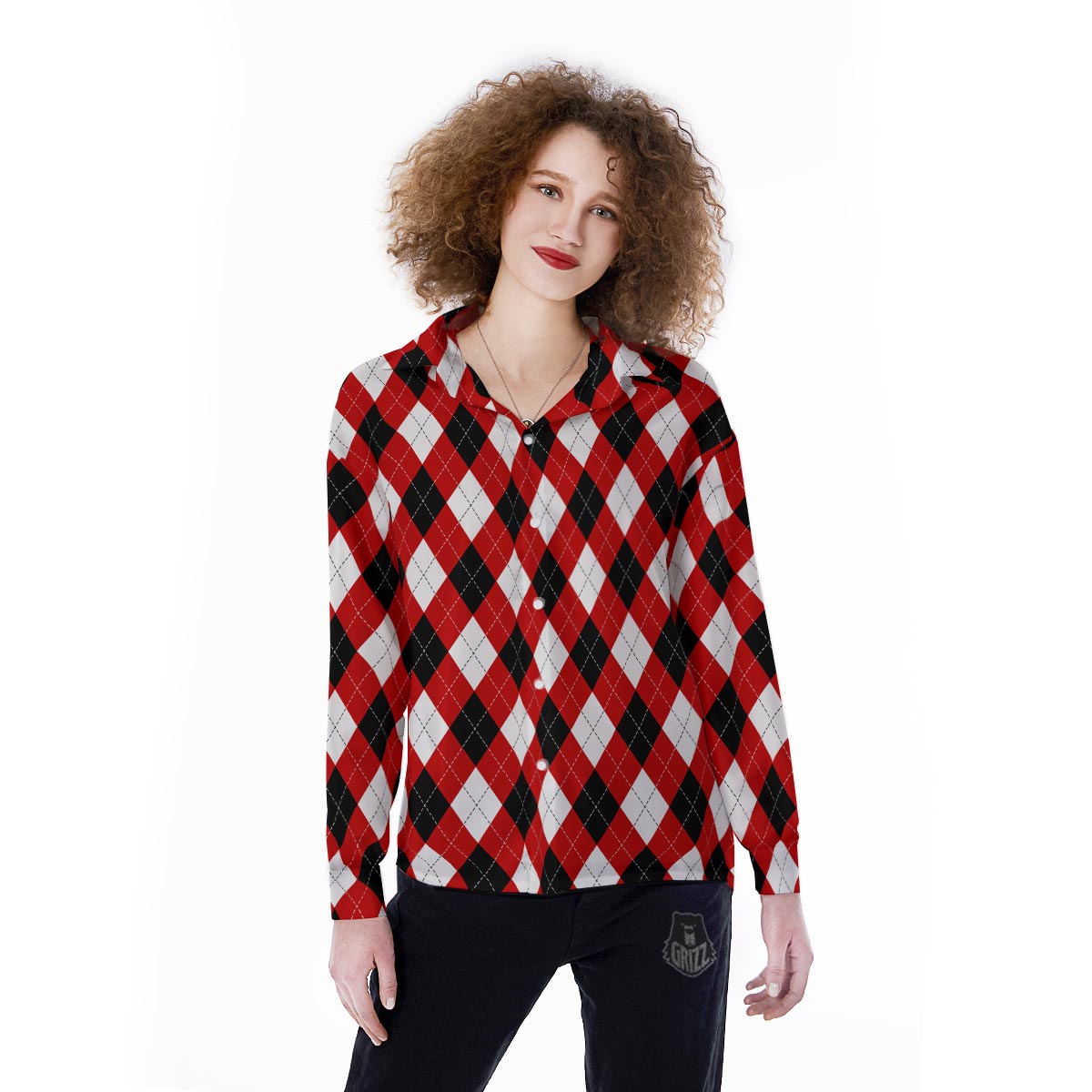 White Argyle And Black Red Print Pattern Women's Long Sleeve Shirts-grizzshop