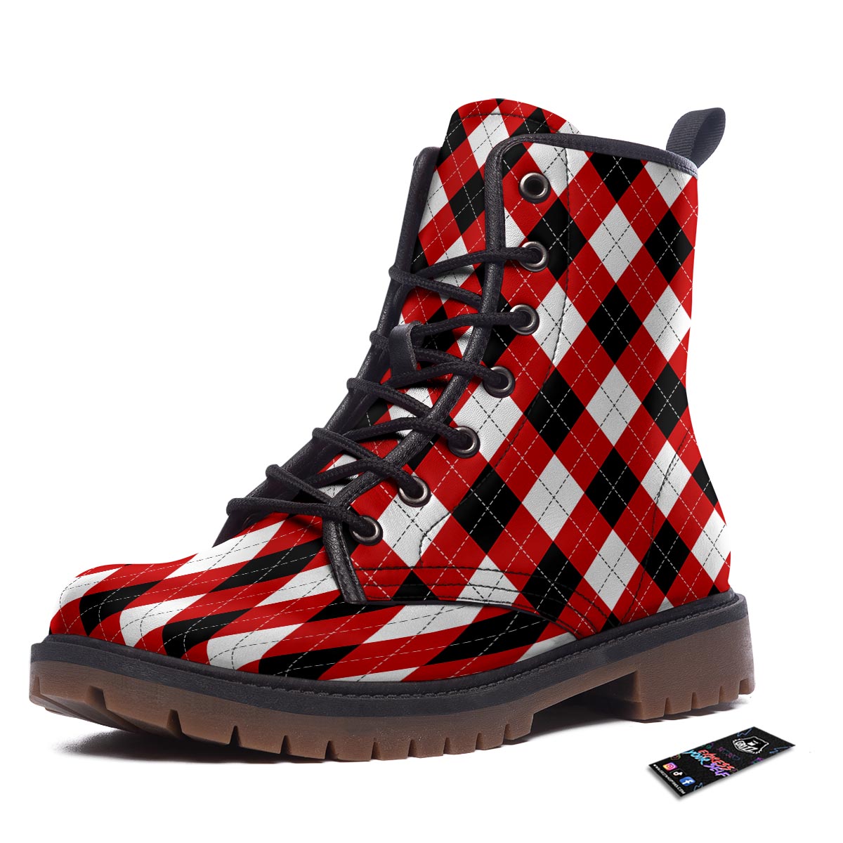 White Argyle And Black Red Print Pattern Work Boots-grizzshop