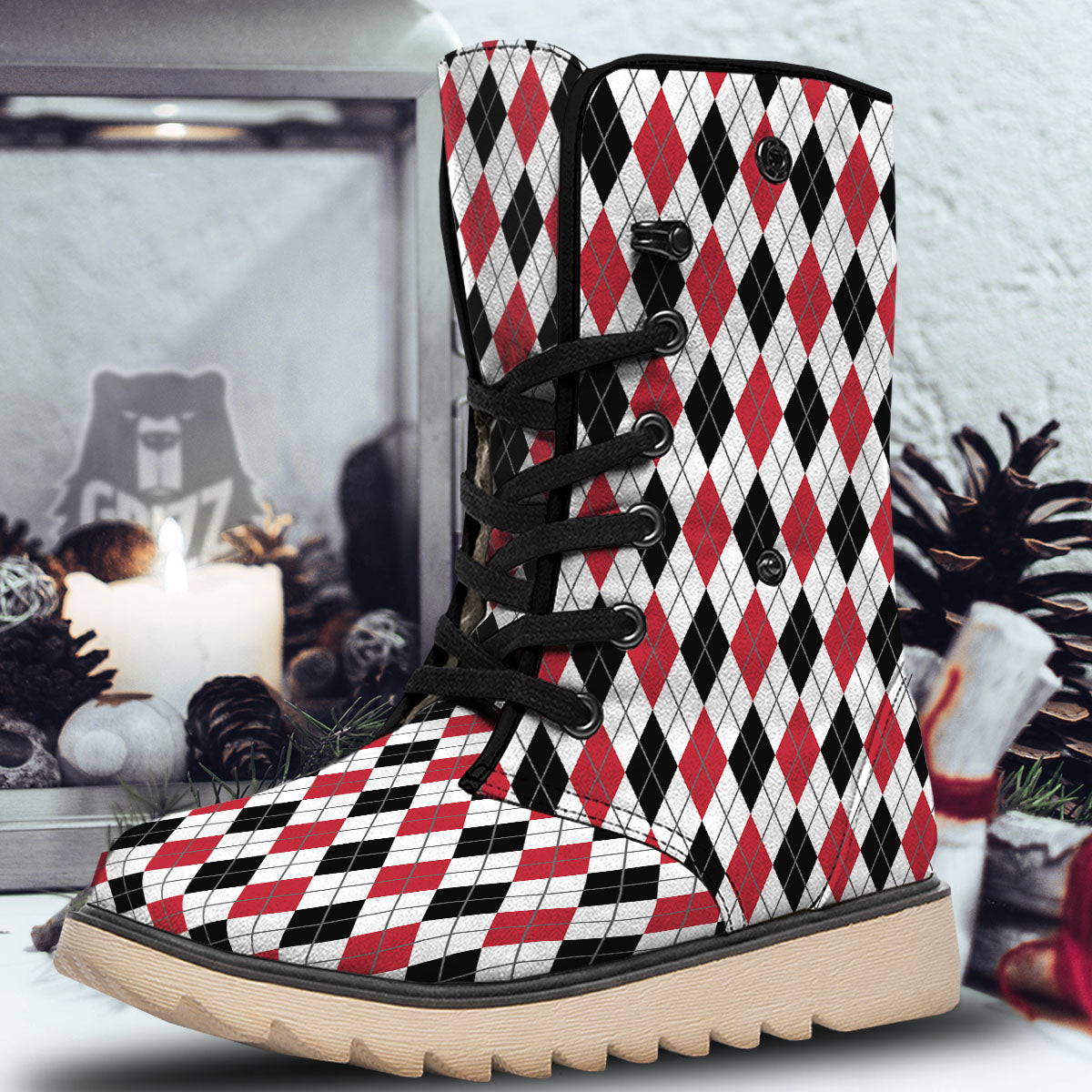 White Argyle And Black Red Print Snow Boots-grizzshop