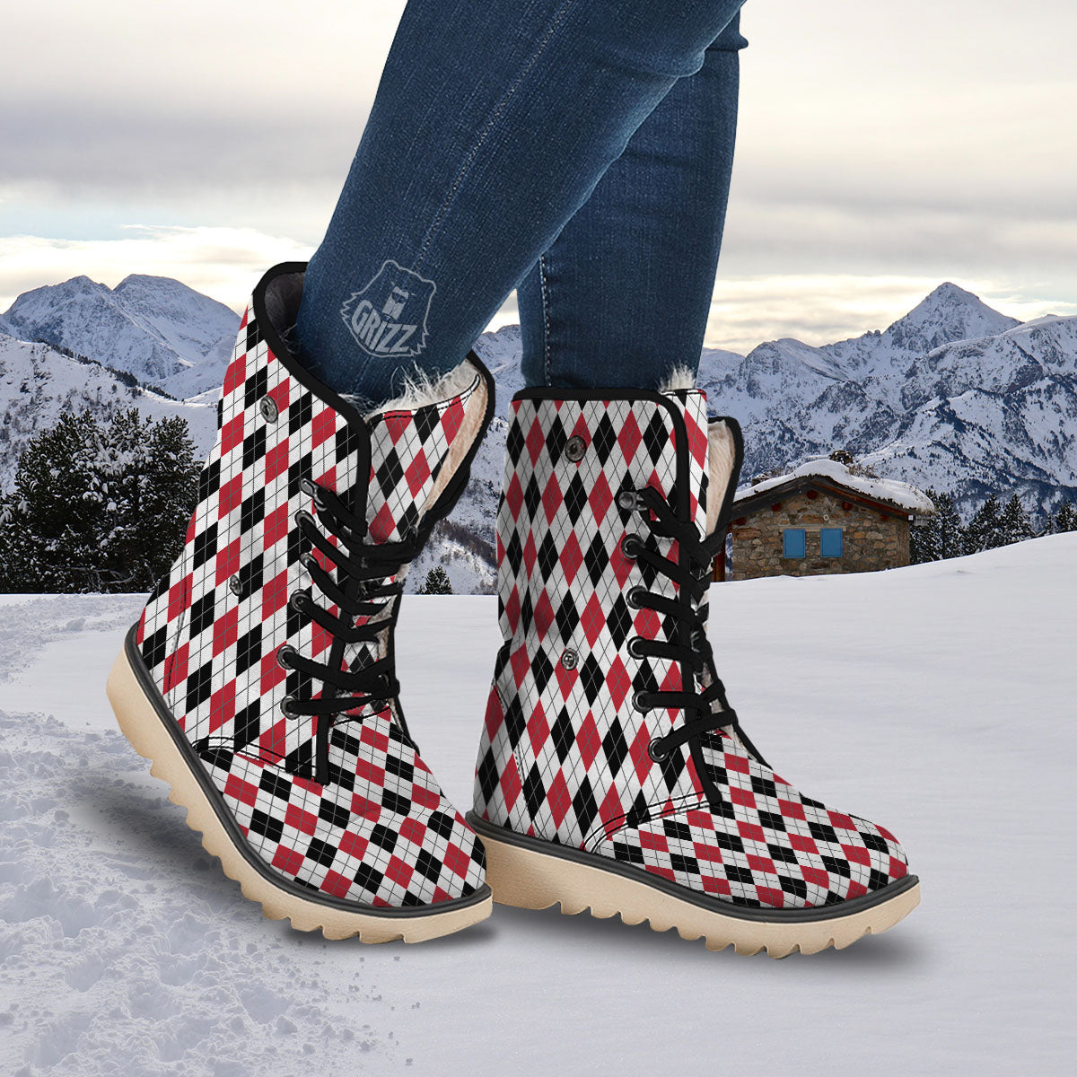 White Argyle And Black Red Print Snow Boots-grizzshop