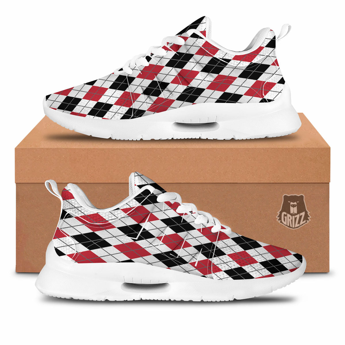 White Argyle And Black Red Print Tennis Shoes-grizzshop
