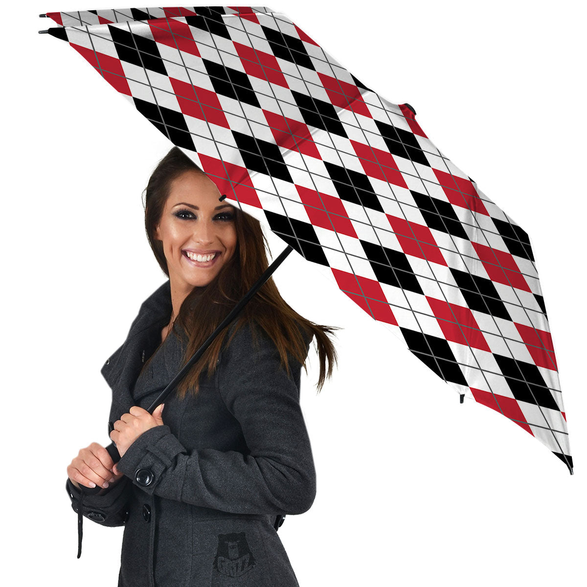 White Argyle And Black Red Print Umbrella-grizzshop