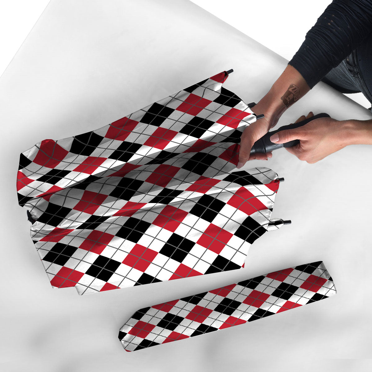 White Argyle And Black Red Print Umbrella-grizzshop