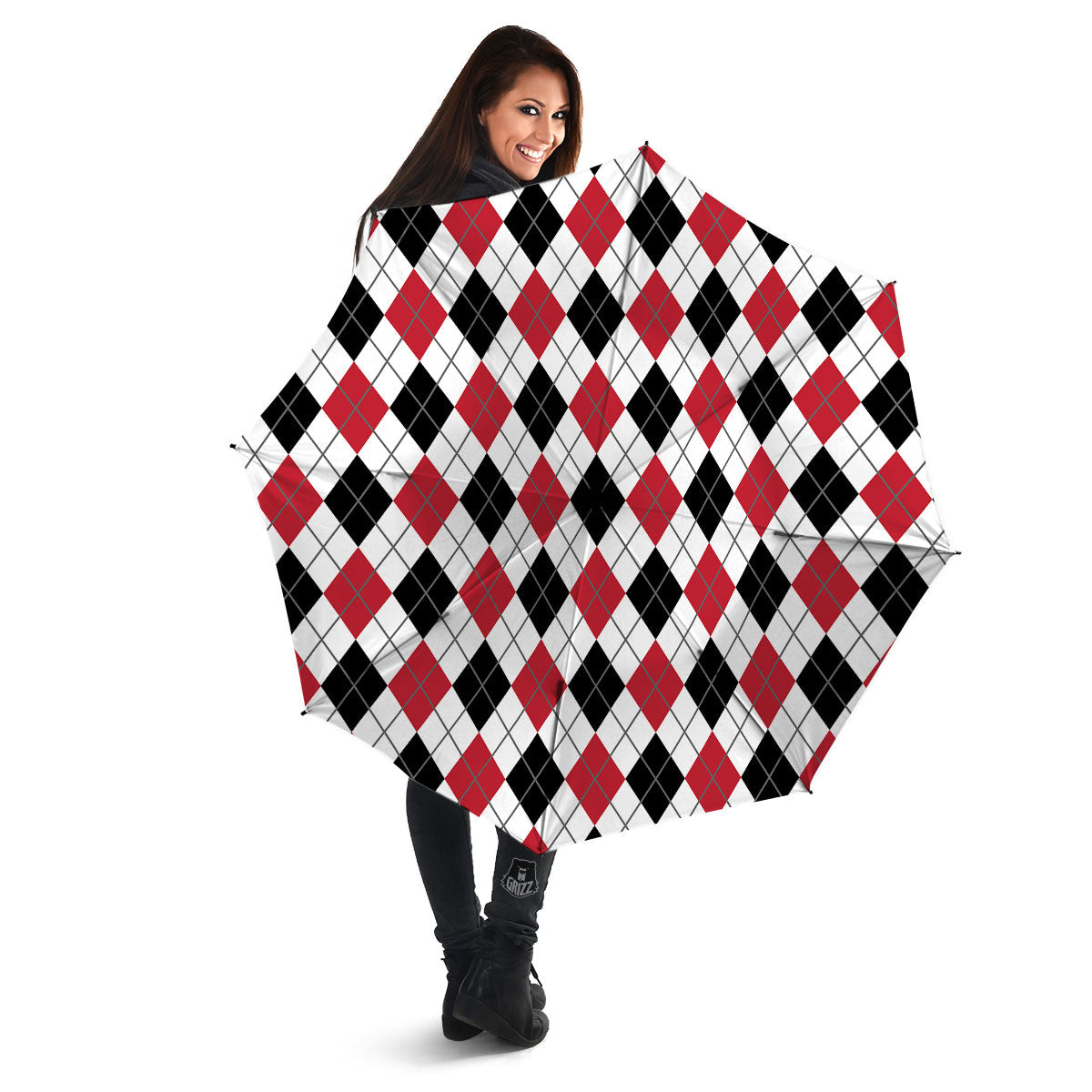 White Argyle And Black Red Print Umbrella-grizzshop