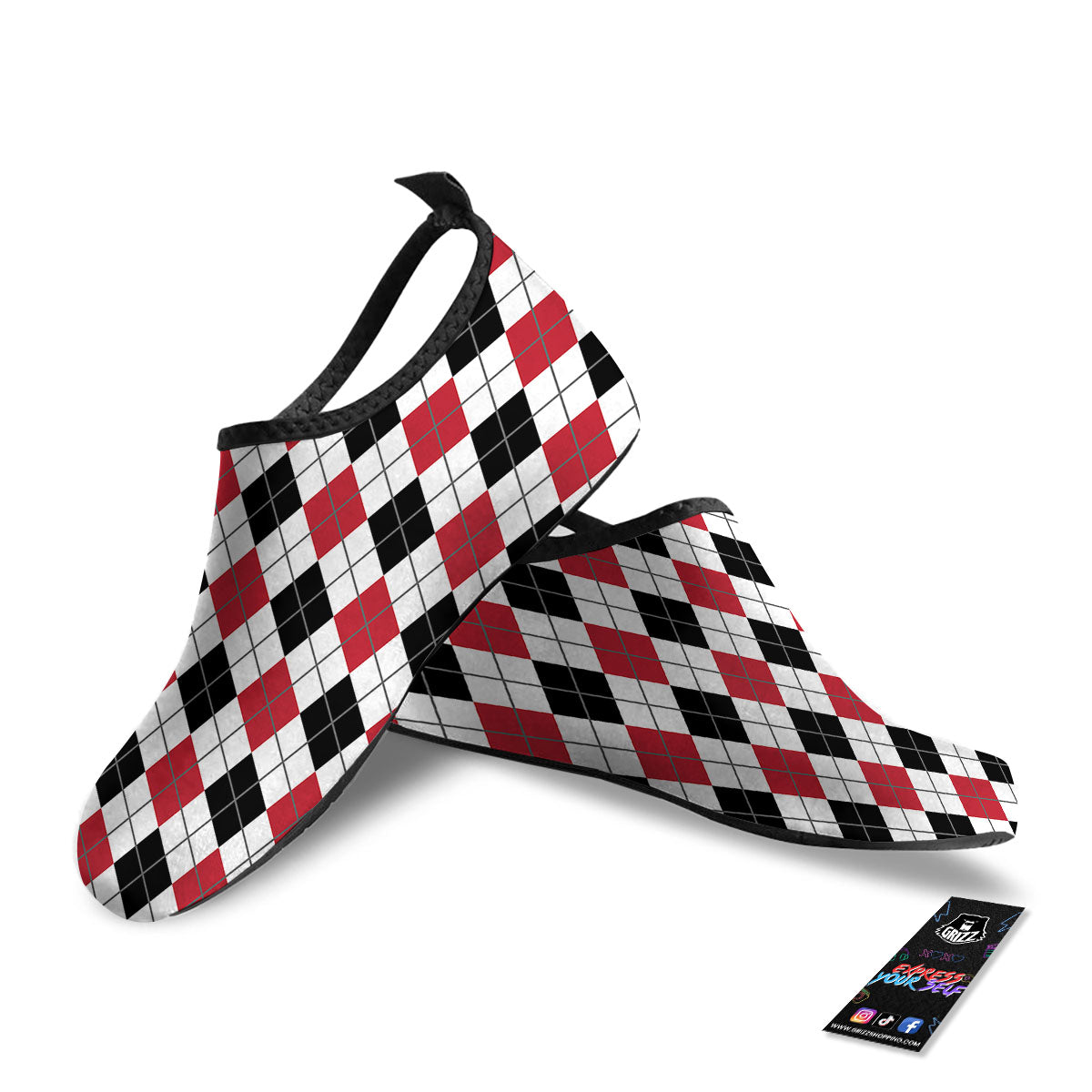 White Argyle And Black Red Print Water Shoes-grizzshop
