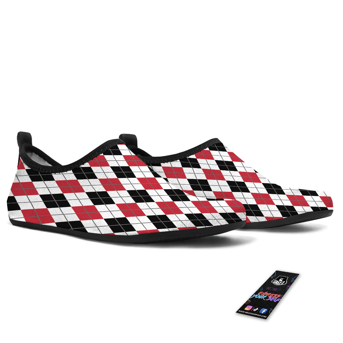 White Argyle And Black Red Print Water Shoes-grizzshop