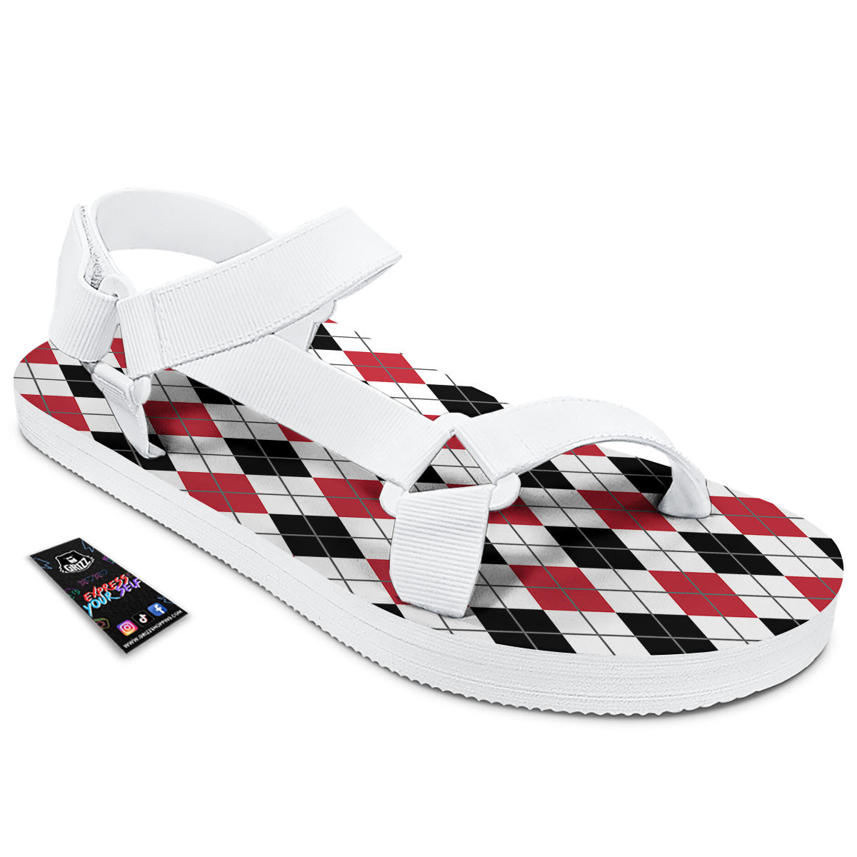 White Argyle And Black Red Print White Open Toe Sandals-grizzshop