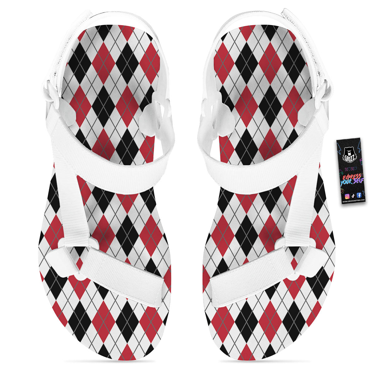 White Argyle And Black Red Print White Open Toe Sandals-grizzshop