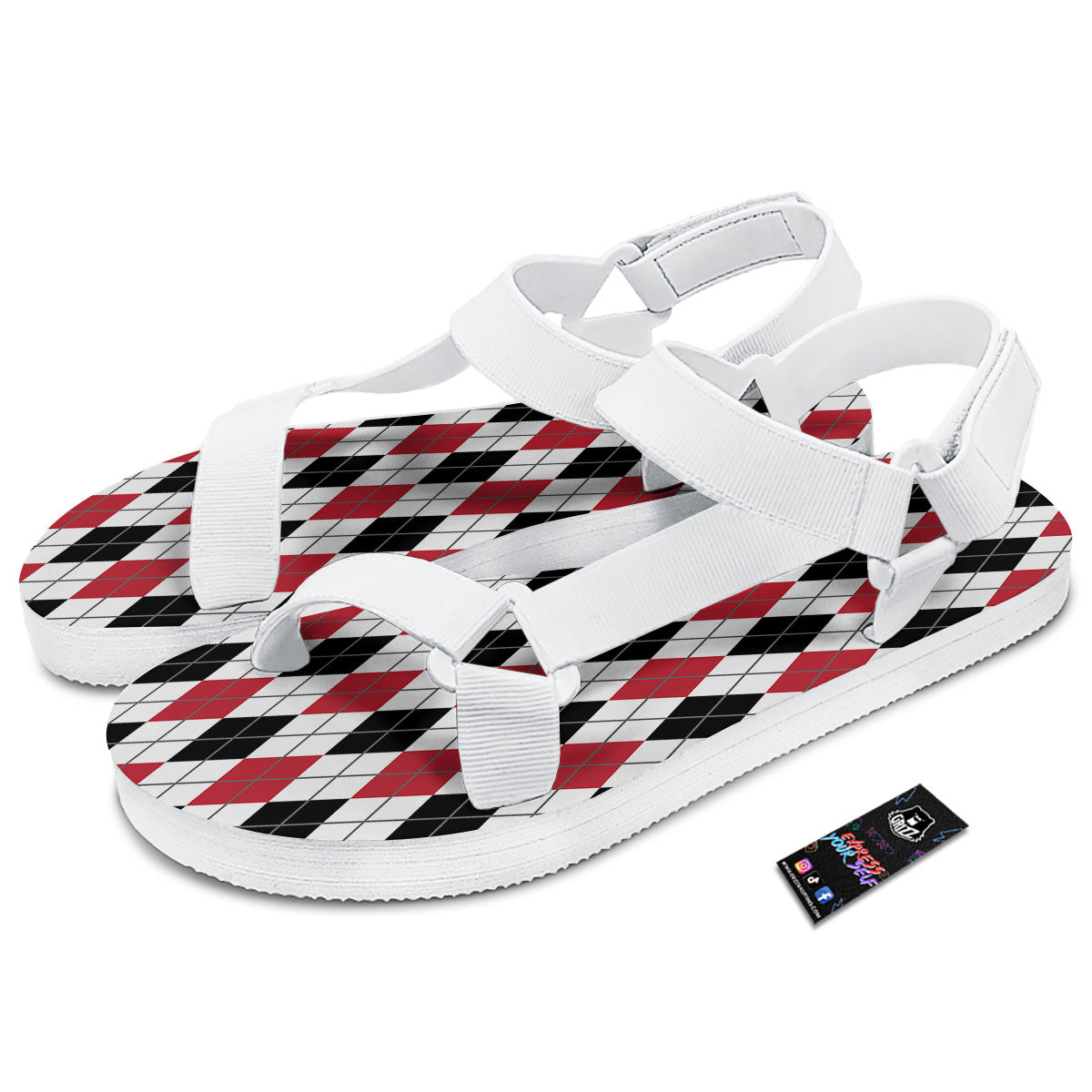 White Argyle And Black Red Print White Open Toe Sandals-grizzshop