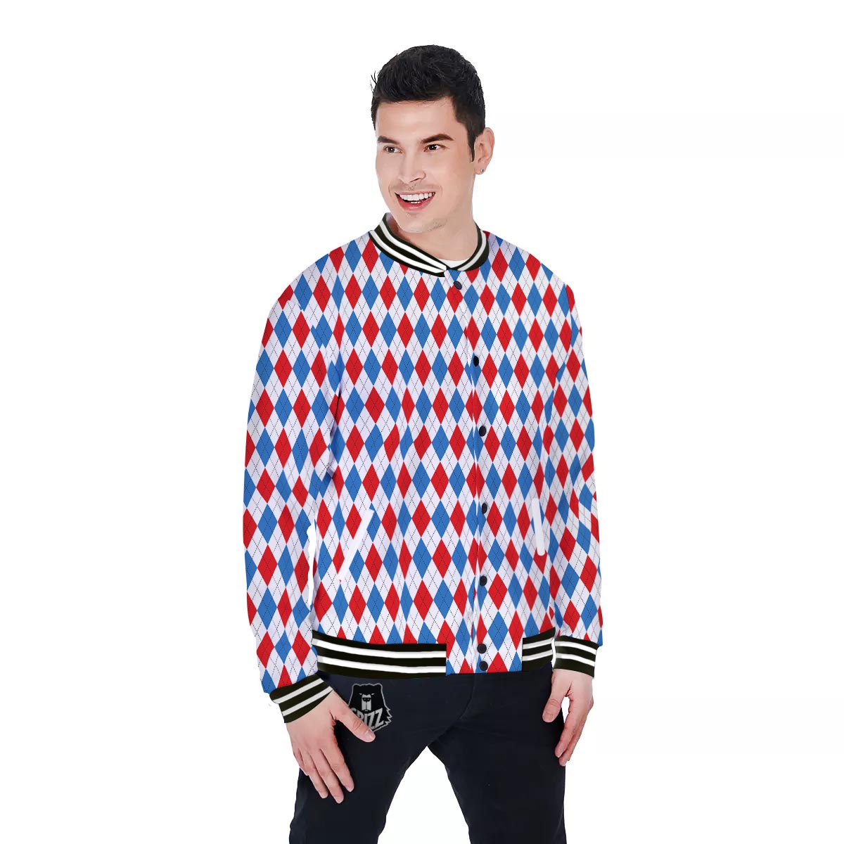 White Argyle And Blue Red Print Pattern Baseball Jacket-grizzshop