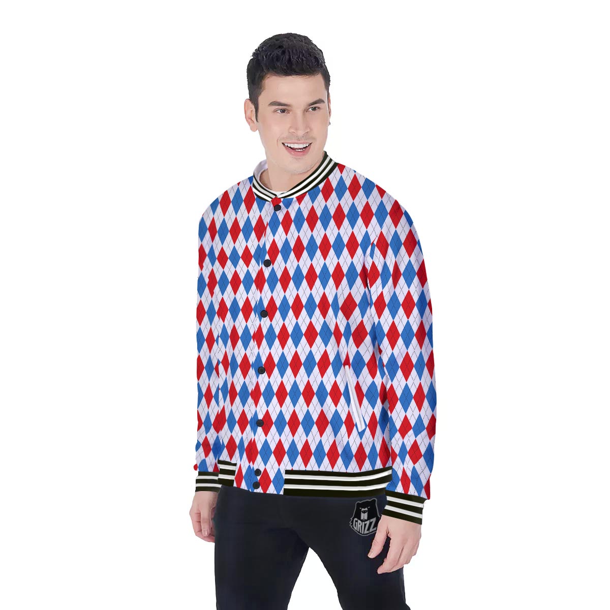 White Argyle And Blue Red Print Pattern Baseball Jacket-grizzshop