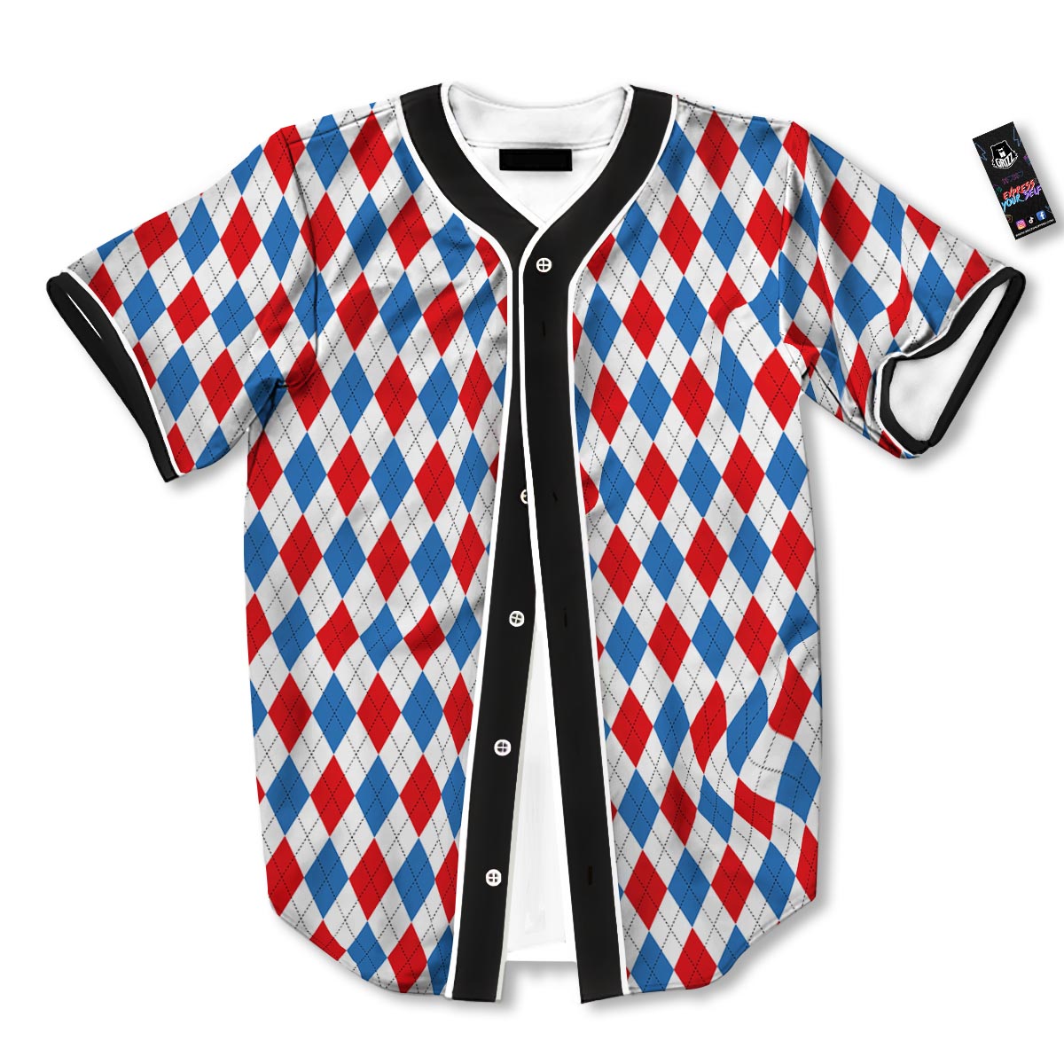White Argyle And Blue Red Print Pattern Baseball Jersey-grizzshop