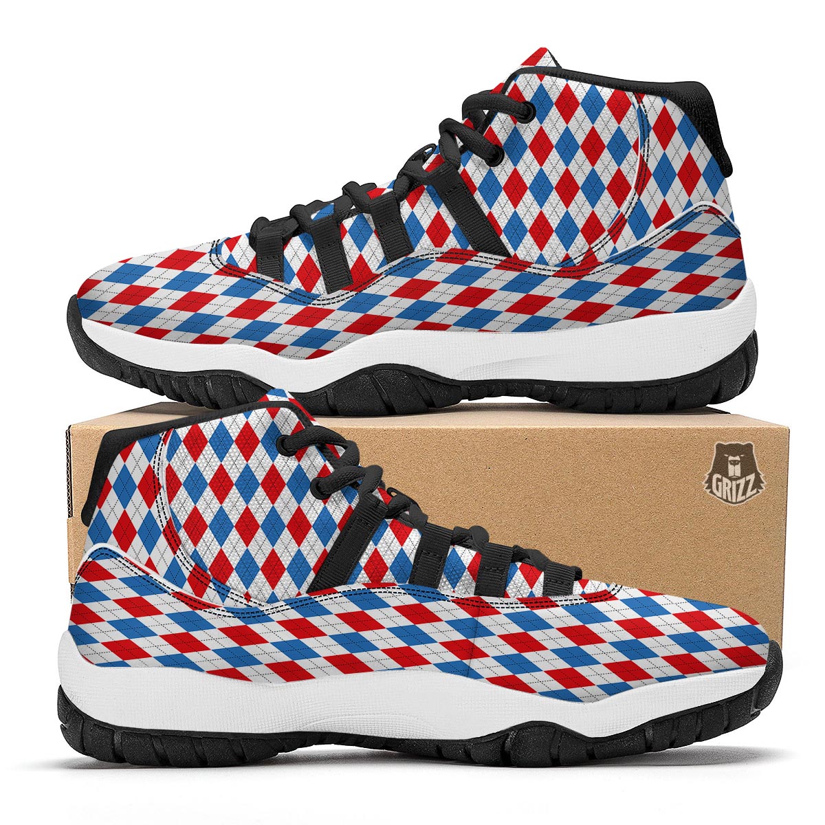White Argyle And Blue Red Print Pattern Black Bball Shoes-grizzshop