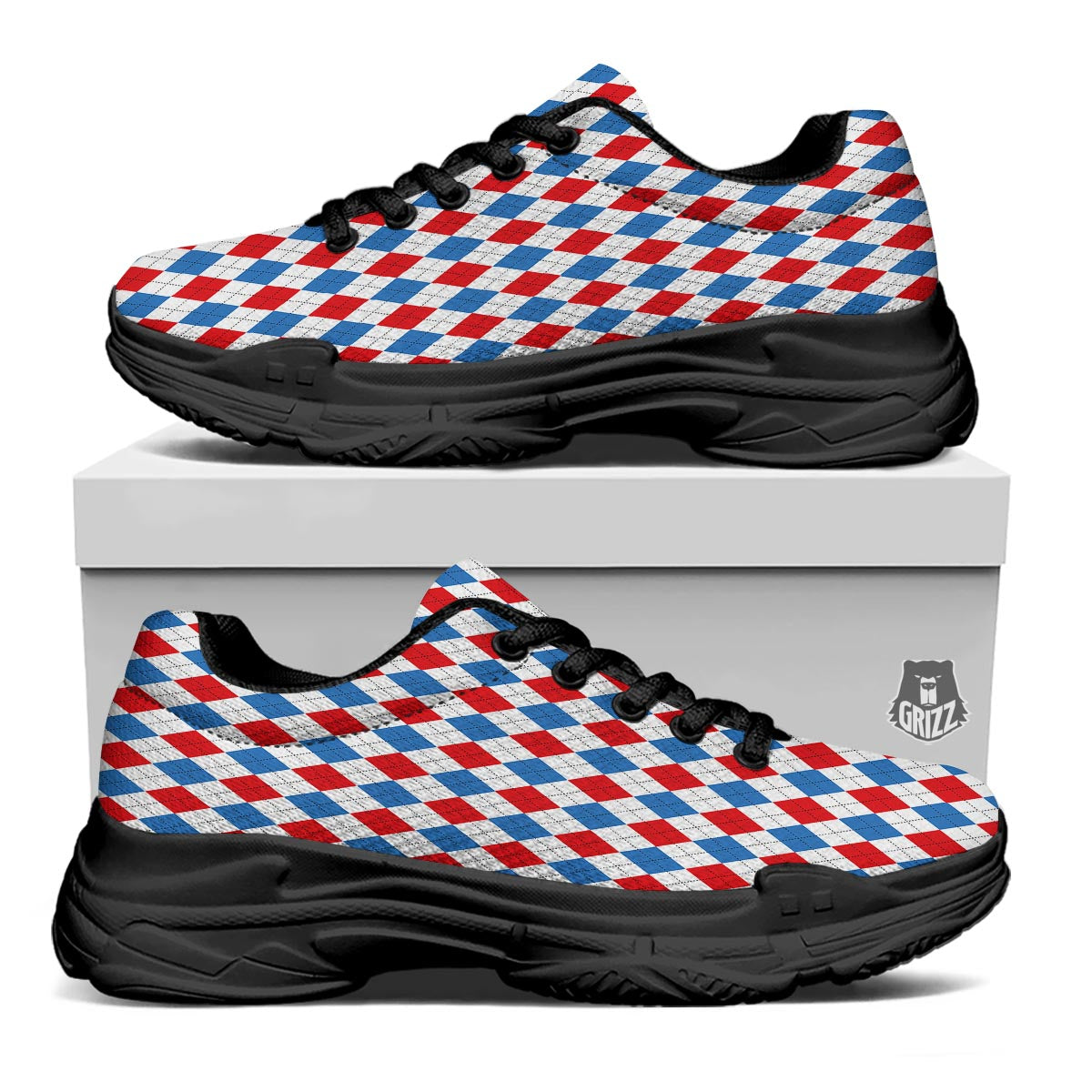 White Argyle And Blue Red Print Pattern Black Chunky Shoes-grizzshop