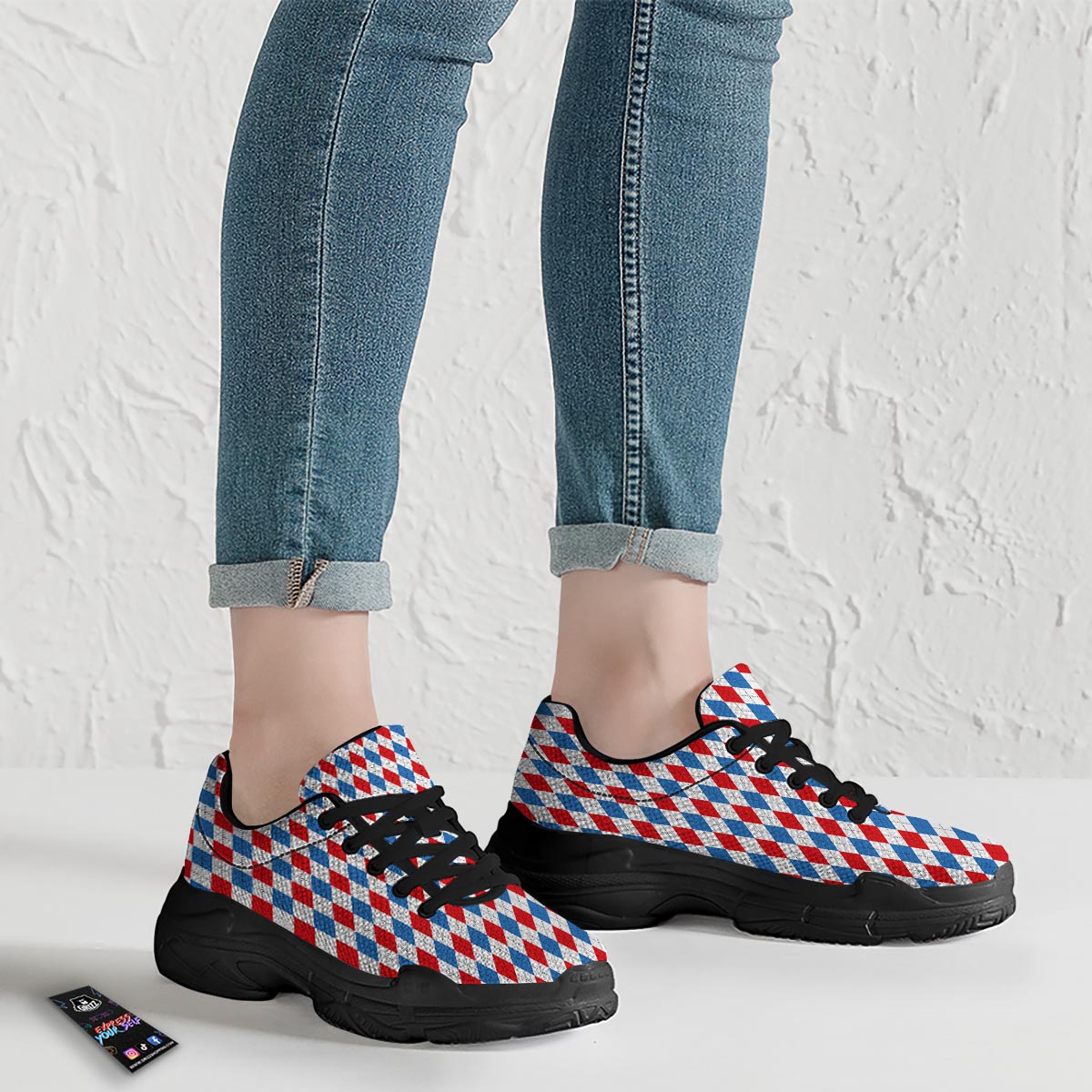 White Argyle And Blue Red Print Pattern Black Chunky Shoes-grizzshop