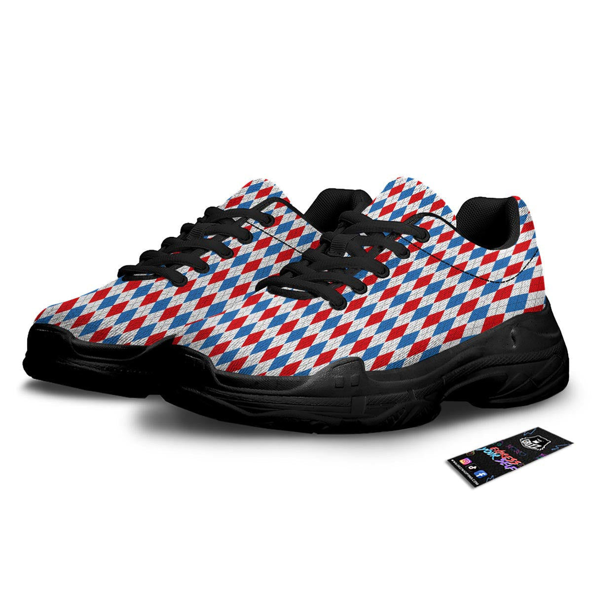 White Argyle And Blue Red Print Pattern Black Chunky Shoes-grizzshop