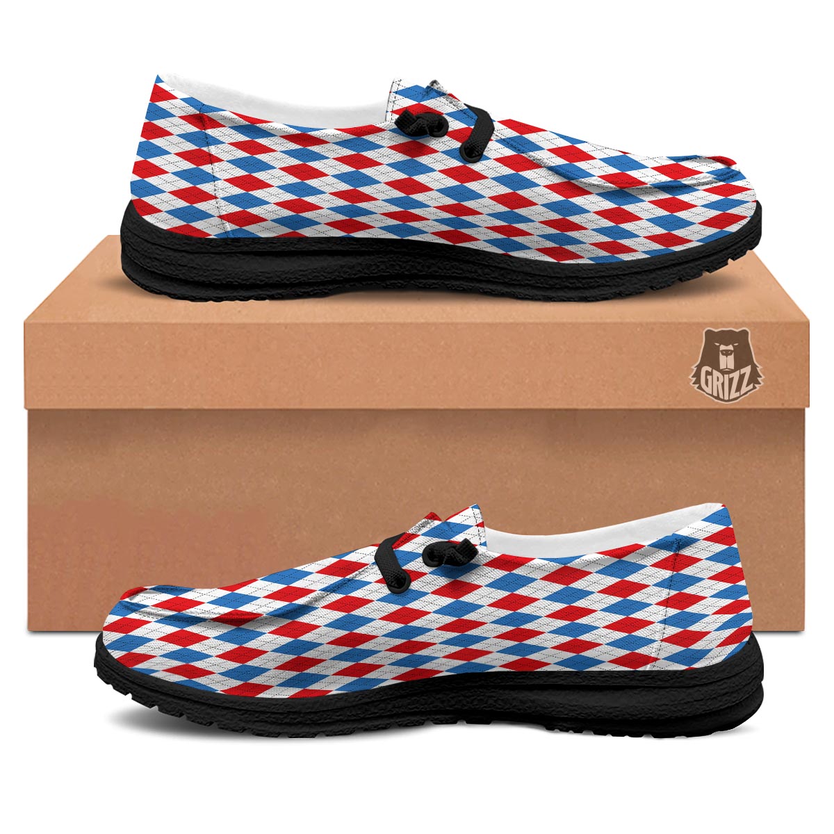 White Argyle And Blue Red Print Pattern Black Loafers-grizzshop