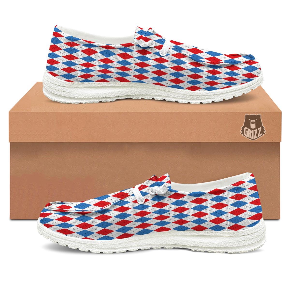 White Argyle And Blue Red Print Pattern Black Loafers-grizzshop