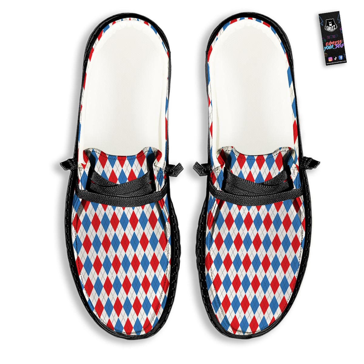 White Argyle And Blue Red Print Pattern Black Loafers-grizzshop