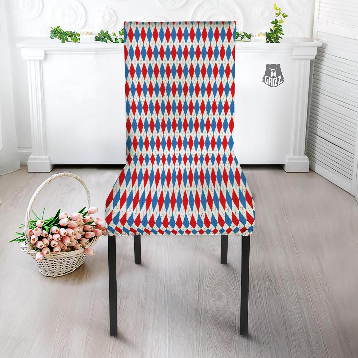 White Argyle And Blue Red Print Pattern Dining Chair Slipcover-grizzshop