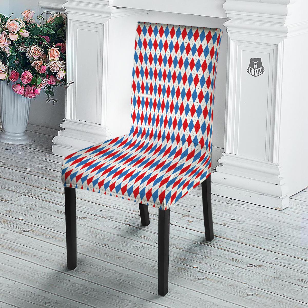 White Argyle And Blue Red Print Pattern Dining Chair Slipcover-grizzshop